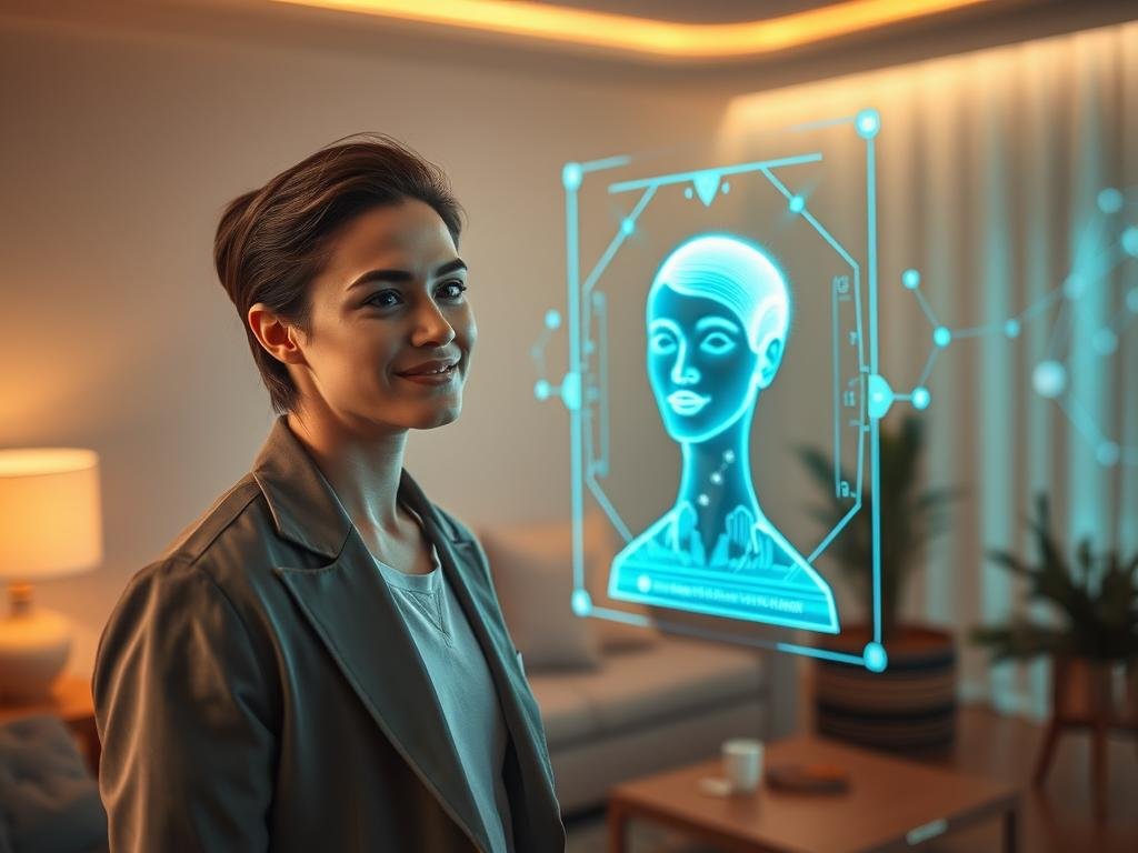 A serene digital landscape representing the concept of "AI girlfriend connection," featuring a modern, stylish individual in smart casual attire engaging with a holographic display of an AI companion. In the foreground, show the person with a gentle smile, their gaze focused on the vibrant hologram. The middle ground includes the shimmering details of the AI interface, with glowing lines and abstract shapes symbolizing data flow and connection. The background reveals a cozy, futuristic room with soft lighting and subtle tech elements, creating an intimate atmosphere. Use a warm color palette for a friendly and inviting mood. The scene conveys authenticity and depth in human-AI interaction, highlighting the experience with Sexlove.ai. Capture the composition from a mid-angle perspective to enhance the immersive feeling.