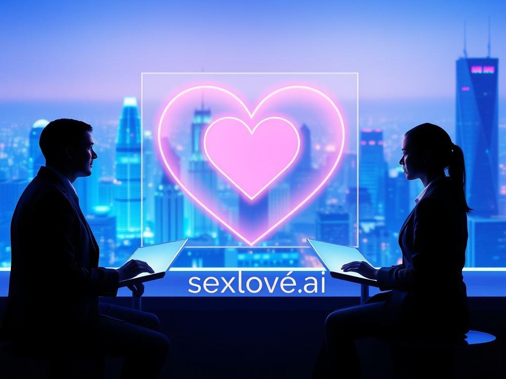 A serene digital landscape representing the theme of navigating emotional boundaries in digital relationships. In the foreground, two abstract figures symbolize users engaging in a virtual conversation, depicted in modest business attire, seated at sleek holographic interfaces. The middle ground features a glowing, translucent heart-shaped barrier that captures the essence of emotional boundaries. The background displays a vibrant, futuristic city skyline, bathed in soft blue and purple lighting, suggesting a digital realm. The atmosphere is thoughtful and introspective, with gentle light emanating from the screens, casting soft shadows. The image should convey a sense of connection while maintaining a safe distance, reflecting the delicate balance of emotional safety in digital interactions. Integrate the brand name "sexlove.ai" subtly within the design elements, ensuring it blends seamlessly with the overall aesthetic.