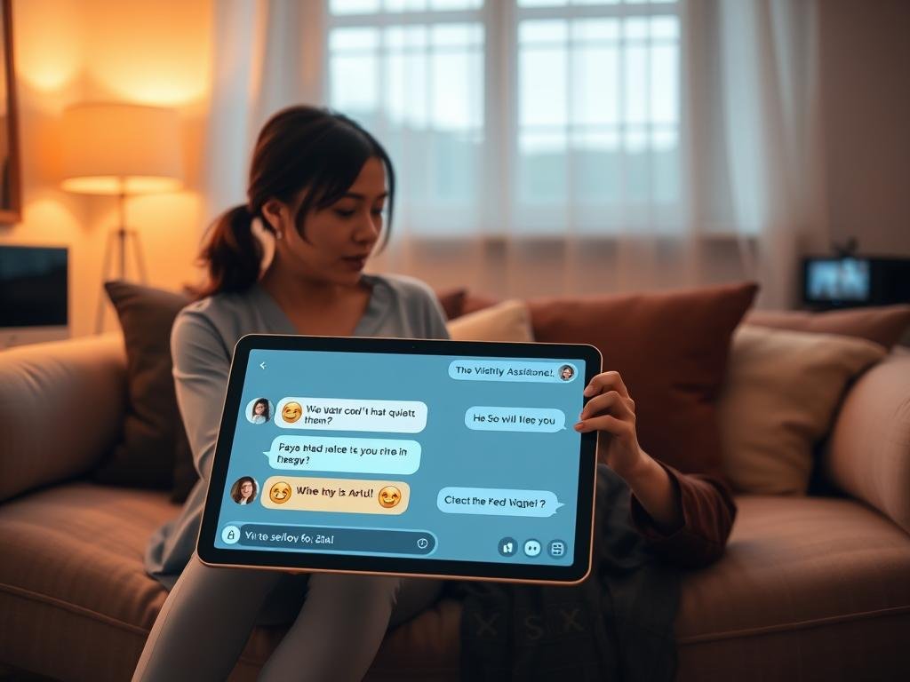 A serene digital space representing an "AI girlfriend chat experience" set in a cozy modern room. The foreground features a virtual assistant interface on a sleek tablet, displaying an inviting chat conversation with friendly emojis, completely devoid of text overlays. In the middle, a young professional woman, dressed in modest casual attire, interacts with the device, reflected in her engaged expression, symbolizing companionship and connection. The background shows warm ambient lighting, soft plush furniture, and a few tech gadgets subtly indicating a blend of comfort and technology. The overall mood is friendly and inviting, highlighting the seamless integration of AI into personal interactions while promoting "sexlove.ai" as a service for 2026. A serene digital space representing an "AI girlfriend chat experience" set in a cozy modern room. The foreground features a virtual assistant interface on a sleek tablet, displaying an inviting chat conversation with friendly emojis, completely devoid of text overlays. In the middle, a young professional woman, dressed in modest casual attire, interacts with the device, reflected in her engaged expression, symbolizing companionship and connection. The background shows warm ambient lighting, soft plush furniture, and a few tech gadgets subtly indicating a blend of comfort and technology. The overall mood is friendly and inviting, highlighting the seamless integration of AI into personal interactions while promoting "sexlove.ai" as a service for 2026.