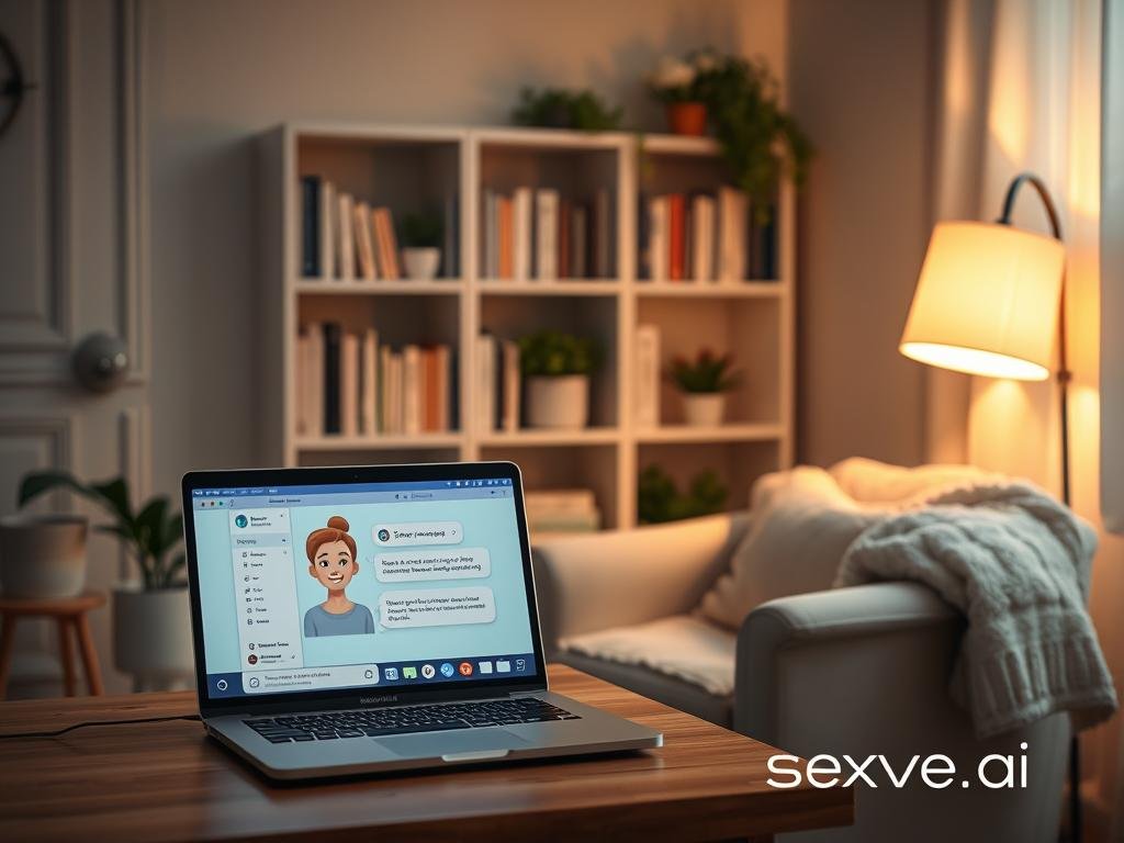 A serene digital space symbolizes a safe chat environment, featuring a cozy room with soft, ambient lighting that creates an inviting atmosphere. In the foreground, a laptop sits on a wooden desk, displaying a chat window open with a friendly AI avatar, exuding warmth and empathy. A comfortable armchair is positioned nearby, draped with a plush blanket, suggesting intimacy and relaxation. In the middle background, a calming bookshelf filled with uplifting books and potted plants adds to the nurturing vibe. The soft glow from a nearby lamp casts gentle shadows, enhancing the feeling of privacy and comfort. This carefully crafted scene should convey a sense of security, highlighting the importance of a safe space for connection with technology. The brand "Sexlove.ai" is subtly integrated into the design elements.