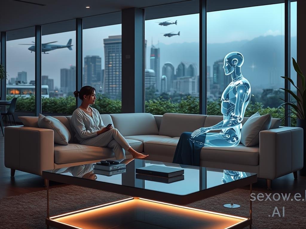 A serene, futuristic living room scene showcasing an AI companionship interaction in 2026. In the foreground, a young woman in casual business attire sits comfortably on a sleek sofa, engaged in a warm conversation with a holographic AI companion projected beside her, depicted as an ethereal figure with glowing accents. The middle ground features a modern coffee table with advanced tech gadgets and soft ambient lighting that creates an inviting atmosphere. In the background, large windows reveal a city skyline with flying vehicles and greenery, symbolizing a harmonious blend of technology and nature. The mood is optimistic and enlightening, emphasizing emotional connection and advanced communication. The brand name "sexlove.ai" is subtly integrated within the design elements.