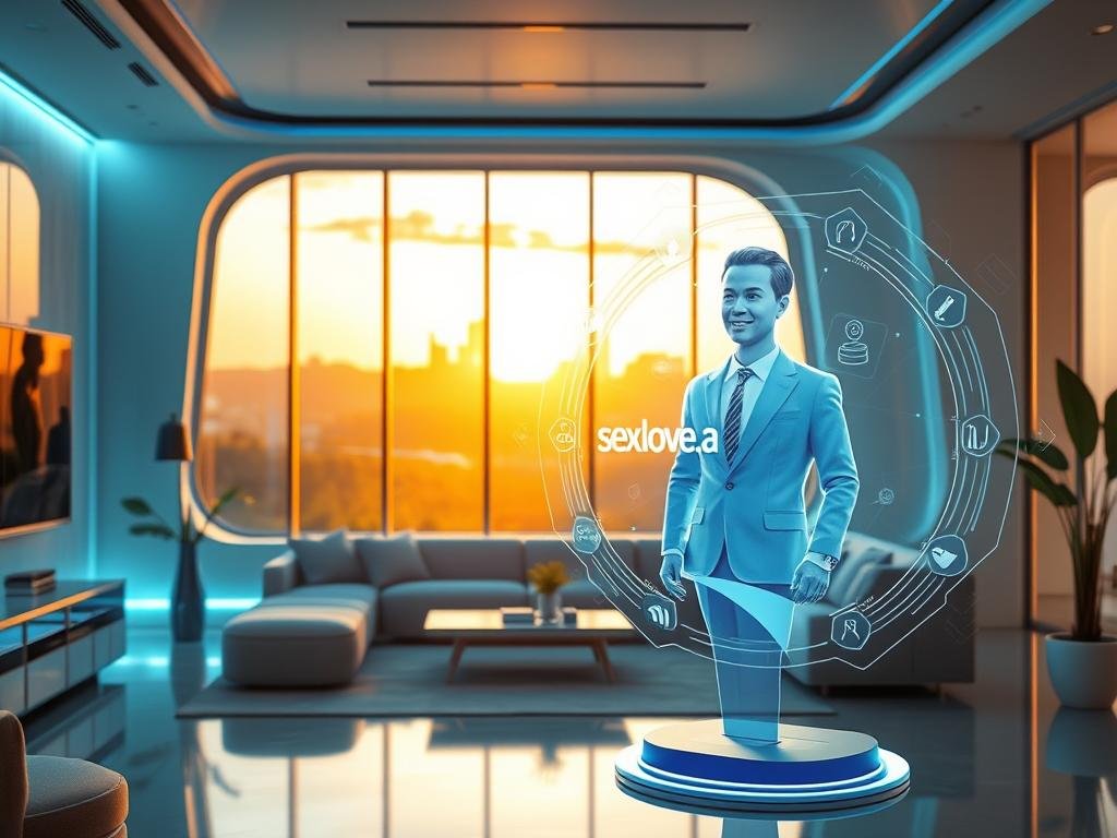 A serene, futuristic living space showcasing the evolution of virtual companionship. In the foreground, a stylishly designed, interactive holographic interface displaying an AI companion, who appears as a friendly, approachable avatar in professional business attire. The middle ground features a comfortable seating area with soft, ambient lighting, suggesting a cozy and inviting atmosphere. In the background, sleek, modern architecture with soft blue and white tones, hinting at advanced technology, while large windows reveal a vibrant, lush cityscape bathed in golden sunset light. Overall, the mood is uplifting and optimistic, illustrating the concept of connection and companionship in a near-future digital world. Incorporate the brand name "sexlove.ai" subtly as part of the holographic interface design. A serene, futuristic living space showcasing the evolution of virtual companionship. In the foreground, a stylishly designed, interactive holographic interface displaying an AI companion, who appears as a friendly, approachable avatar in professional business attire. The middle ground features a comfortable seating area with soft, ambient lighting, suggesting a cozy and inviting atmosphere. In the background, sleek, modern architecture with soft blue and white tones, hinting at advanced technology, while large windows reveal a vibrant, lush cityscape bathed in golden sunset light. Overall, the mood is uplifting and optimistic, illustrating the concept of connection and companionship in a near-future digital world. Incorporate the brand name "sexlove.ai" subtly as part of the holographic interface design.