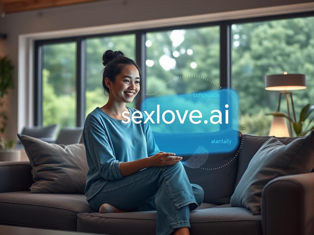 A serene, futuristic scene depicting a virtual companion experience set in a cozy, modern living room. In the foreground, a young woman in stylish yet modest casual clothing sits comfortably on a sleek sofa, engaging with a holographic interface that radiates a soft blue light. Her expression is one of warmth and delight, capturing the essence of companionship. In the middle ground, subtle pixels or digital elements swirl around the hologram, symbolizing the virtual nature of the interaction. The background features soft, ambient lighting from smart home devices, creating a calming atmosphere. Large windows showcase a lush, green landscape outside, enhancing the feeling of comfort and connection in this high-tech environment. The brand name "sexlove.ai" is subtly incorporated into a design element within the digital interface, blending seamlessly with the theme.
