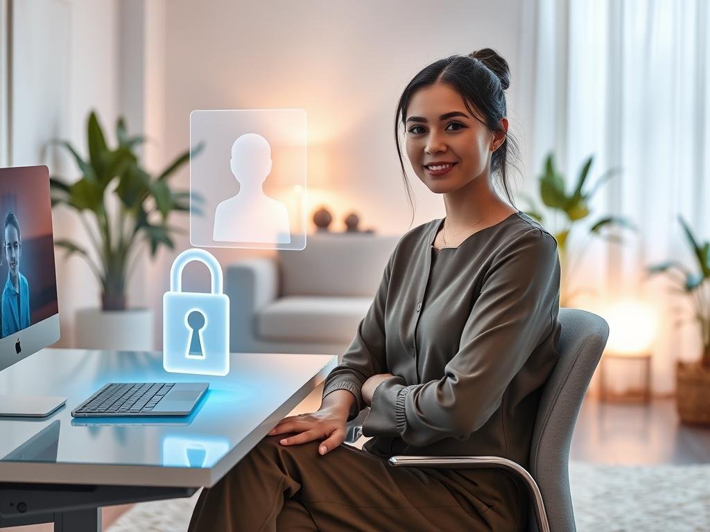 A serene, futuristic virtual companionship scene focusing on the balance between privacy and security. In the foreground, a young professional woman in modest casual attire sits comfortably at a sleek desk, engaging with an AI companion displayed on a holographic screen. The screen shows a friendly, abstract representation of an AI figure, symbolizing companionship without revealing personal information. In the middle ground, a softly glowing lock icon signifies security and privacy safeguards in digital interactions. The background features a cozy, modern room with soft lighting and plants, creating a warm atmosphere. The overall mood is optimistic and reassuring, emphasizing safe connections in the digital space, with the logo "sexlove.ai" subtly incorporated into the design elements without standing out.