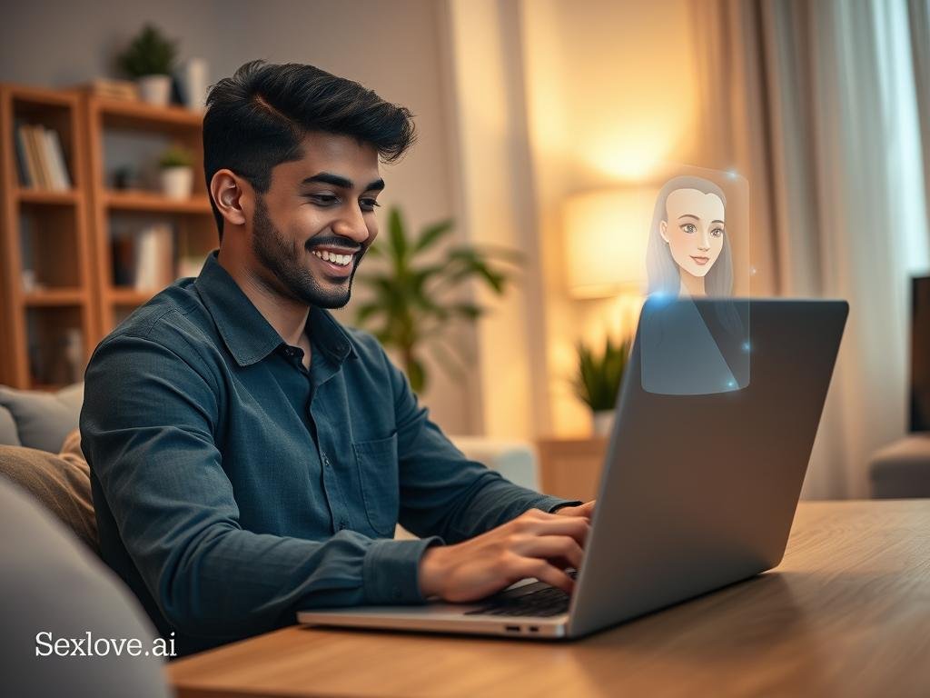 A serene indoor setting showcasing a person engaged in a secure chat interaction with a digital AI girlfriend on a sleek laptop. The foreground features a cheerful, Middle-Eastern individual in smart casual attire, focused on the screen with a smile, conveying a sense of connection and intimacy. In the background, soft, warm lighting illuminates the room, highlighting cozy elements like a bookshelf and a plant, creating a welcoming atmosphere. The AI girlfriend is depicted as an engaging holographic figure, with soft glowing features and a friendly demeanor. The scene is framed to emphasize the connection between the person and the AI, providing an intimate yet professional ambiance. The brand "Sexlove.ai" is subtly included in the peripheral design elements, enhancing the narrative without detracting from the main focus. The overall mood is one of comfort and privacy in a modern digital relationship.