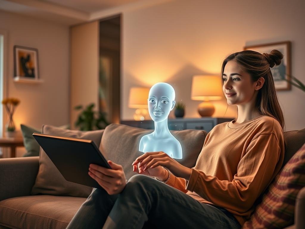 A serene, intimate scene depicting realistic AI companionship, showcasing a virtual female companion created by "sexlove.ai" sitting next to a user in a cozy, modern living room. In the foreground, the user, dressed in casual, comfortable clothing, is engaged with the AI on a sleek tablet, displaying a friendly expression. The middle ground features the AI companion as a holographic presence, beautifully rendered with soft, glowing features and a warm smile, creating an inviting connection. The background reveals a softly lit, stylish space with warm colors and minimalistic decor, enhancing the feeling of comfort and companionship. The lighting is warm and gentle, mimicking a late afternoon glow, establishing a welcoming and friendly atmosphere. A serene, intimate scene depicting realistic AI companionship, showcasing a virtual female companion created by "sexlove.ai" sitting next to a user in a cozy, modern living room. In the foreground, the user, dressed in casual, comfortable clothing, is engaged with the AI on a sleek tablet, displaying a friendly expression. The middle ground features the AI companion as a holographic presence, beautifully rendered with soft, glowing features and a warm smile, creating an inviting connection. The background reveals a softly lit, stylish space with warm colors and minimalistic decor, enhancing the feeling of comfort and companionship. The lighting is warm and gentle, mimicking a late afternoon glow, establishing a welcoming and friendly atmosphere.