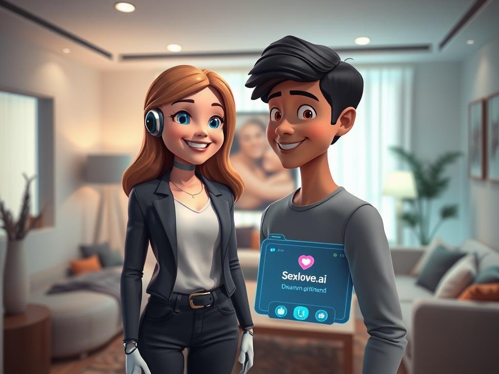 A serene, inviting virtual space where an AI character representing a dream girlfriend interacts warmly with a user. In the foreground, the AI character appears as a friendly, animated figure with a bright smile, dressed in smart casual attire, embodying an approachable persona. The middle ground features a digital interface, showcasing the "Sexlove.ai" platform with glowing interactive elements. In the background, a cozy virtual room with soft lighting, modern decor, and calming colors sets a reassuring mood. The angle should capture both the user and the AI in a shared moment of connection, evoking a sense of intimacy and companionship. The atmosphere is cheerful and engaging, reflecting the joy of discovering a personalized AI experience.