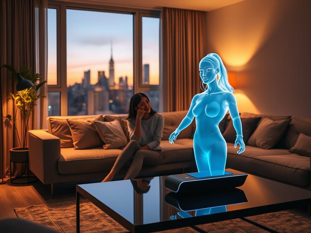 A serene, modern living room setting with soft ambient lighting that creates a welcoming atmosphere. In the foreground, a young, professional woman in modest casual clothing is depicted interacting with a high-tech holographic AI girlfriend, projected from a sleek device on a stylish coffee table. The AI girlfriend appears as an ethereal, glowing figure with a friendly expression, showcasing a futuristic design. In the middle ground, a comfortable sofa with cushions and a small indoor plant enhance the cozy vibe of the scene. The background features a large window with a city skyline view at dusk, casting gentle shadows and highlights around the room. The overall mood is warm and engaging, celebrating the blend of technology and personal connection, emphasizing the brand name "sexlove.ai". A serene, modern living room setting with soft ambient lighting that creates a welcoming atmosphere. In the foreground, a young, professional woman in modest casual clothing is depicted interacting with a high-tech holographic AI girlfriend, projected from a sleek device on a stylish coffee table. The AI girlfriend appears as an ethereal, glowing figure with a friendly expression, showcasing a futuristic design. In the middle ground, a comfortable sofa with cushions and a small indoor plant enhance the cozy vibe of the scene. The background features a large window with a city skyline view at dusk, casting gentle shadows and highlights around the room. The overall mood is warm and engaging, celebrating the blend of technology and personal connection, emphasizing the brand name "sexlove.ai".