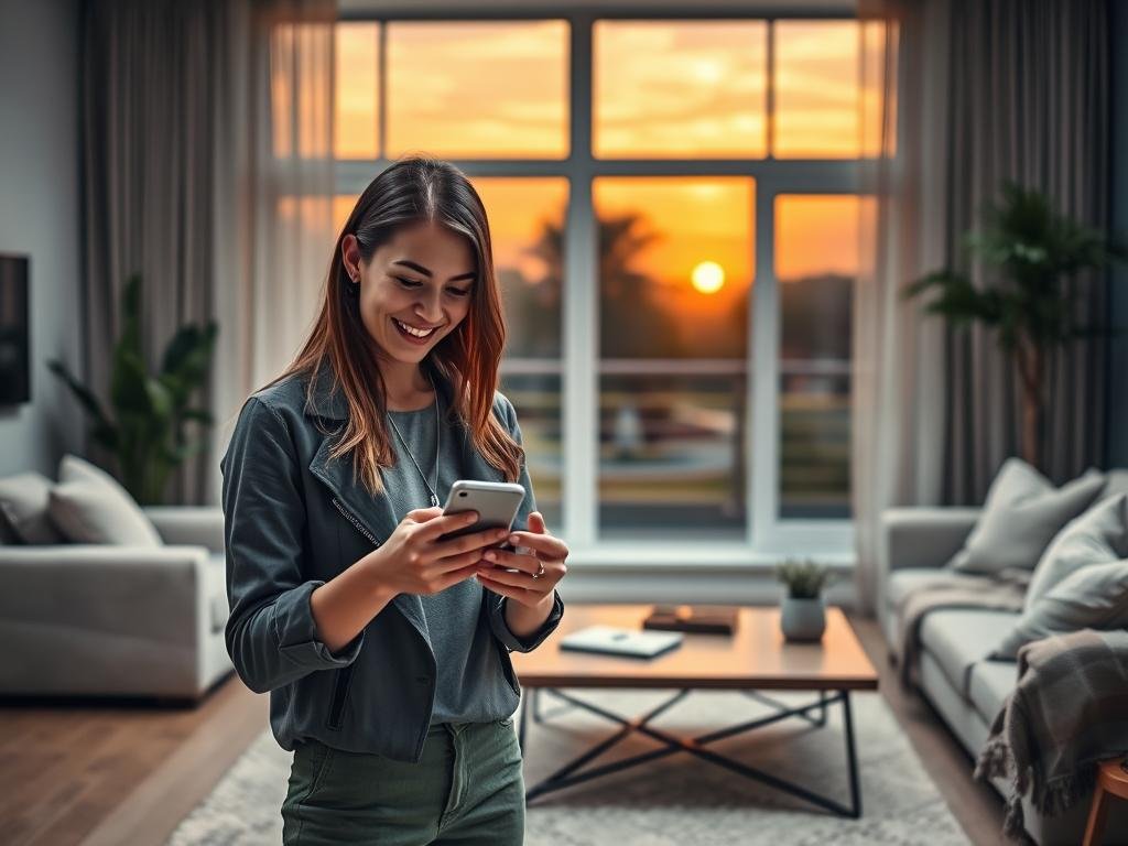 A serene, modern living room with soft, ambient lighting, designed for a cozy atmosphere. In the foreground, a young professional woman engages with her smartphone, her expression a mix of curiosity and delight as she interacts with her AI girlfriend app "sexlove.ai." She is dressed in modest casual clothing, reflecting a relaxed yet professional vibe. The middle ground features a stylish coffee table with a cozy blanket and a plant, enhancing the homely feel. In the background, a large window reveals a beautiful sunset, casting warm hues throughout the room. The overall mood is one of connection and warmth, illustrating positive user experiences and testimonials related to AI technology in relationships. A serene, modern living room with soft, ambient lighting, designed for a cozy atmosphere. In the foreground, a young professional woman engages with her smartphone, her expression a mix of curiosity and delight as she interacts with her AI girlfriend app "sexlove.ai." She is dressed in modest casual clothing, reflecting a relaxed yet professional vibe. The middle ground features a stylish coffee table with a cozy blanket and a plant, enhancing the homely feel. In the background, a large window reveals a beautiful sunset, casting warm hues throughout the room. The overall mood is one of connection and warmth, illustrating positive user experiences and testimonials related to AI technology in relationships.