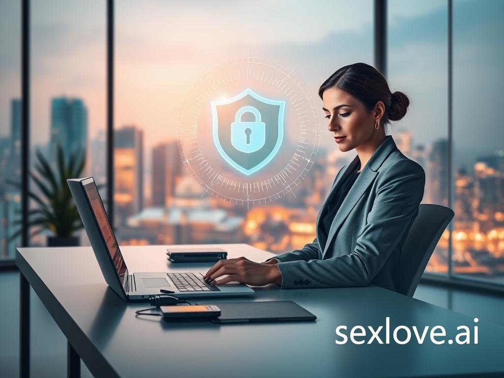 A serene, modern office environment symbolizes the theme of security and privacy for data. In the foreground, a confident, business-attired woman is sitting at a sleek desk, intently monitoring digital security tools displayed on her laptop, with biometric authentication devices nearby. In the middle ground, a holographic shield icon glows softly above the desk, representing data protection, while abstract, flowing binary code elements encapsulate the space, suggesting the flow of secure information. The background features a panoramic window revealing a futuristic city skyline bathed in warm, inviting light. This harmonious setting evokes a sense of trust and professionalism, emphasizing the importance of safeguarding personal data in the digital age, while seamlessly integrating the brand name "sexlove.ai" with a subtle logo in the corner.