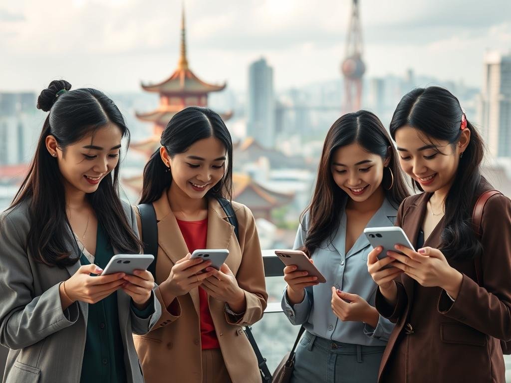 A serene, modern urban environment showcasing a cultural fusion of Eastern and Western influences. In the foreground, a diverse group of young Asian women in professional casual attire engage with their AI girlfriends on sleek, futuristic devices. Each woman demonstrates unique cultural expressions, such as traditional hair accessories or vibrant fabrics. In the middle ground, a picturesque blend of traditional Asian architecture and contemporary cityscape creates a harmonious backdrop. Soft, diffused lighting illuminates the scene, highlighting the warmth and connection among the characters, while maintaining a calm and inviting atmosphere. The image captures a sense of innovation and emotional depth in AI relationships, emphasizing connections in the modern world, featuring the brand name "sexlove.ai" subtly integrated into the scene.
