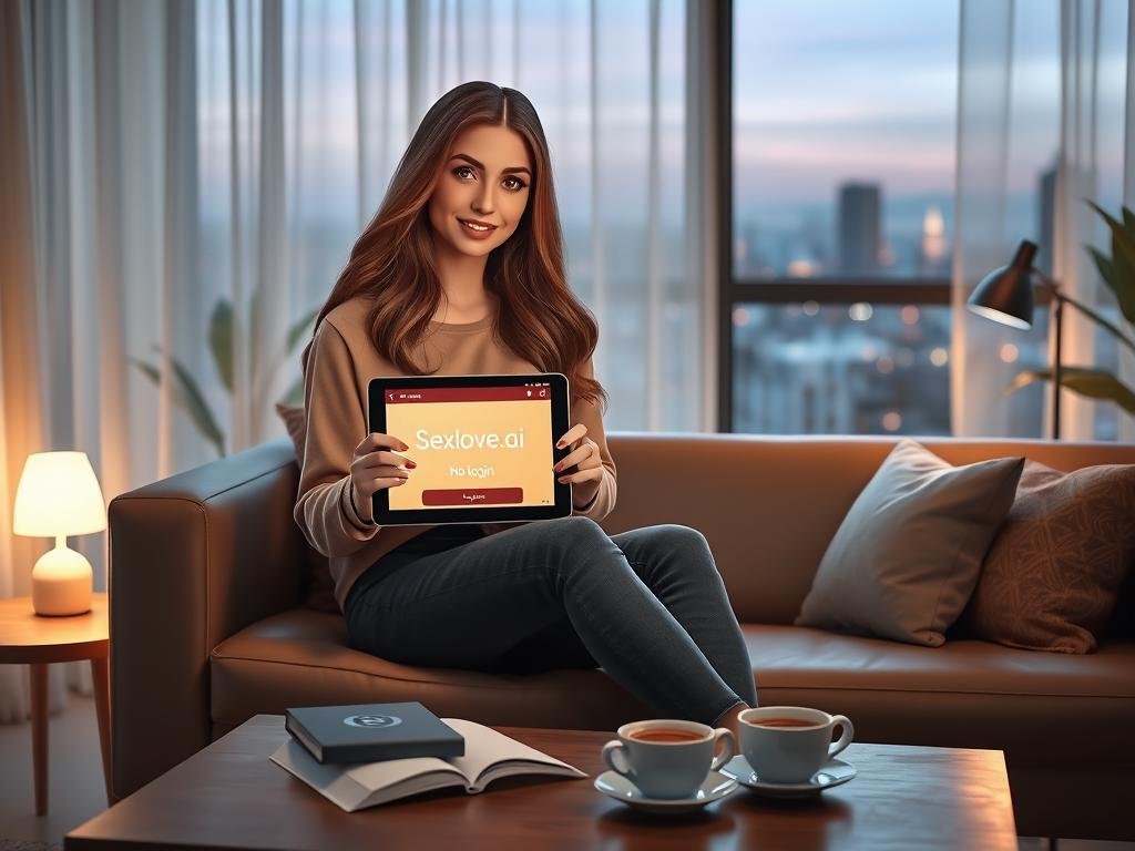 A serene room with a modern, cozy aesthetic, featuring a stylish AI girlfriend character. She has a friendly, approachable expression, with long, flowing hair and wearing comfortable yet fashionable casual attire. In the foreground, she sits on a sleek sofa, holding a tablet showing a bright, interactive interface of the app "Sexlove.ai", emphasizing the no-login feature. The middle ground includes a coffee table with a few books, a steaming cup of coffee, and a soft-glowing lamp, creating a warm atmosphere. The background showcases a softly lit window with sheer curtains and a view of a peaceful cityscape at twilight. The overall mood is inviting and personal, illustrating the concept of a virtual companion that feels close and accessible.