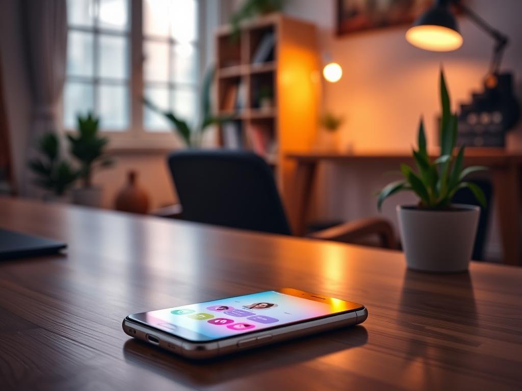 A sleek AI girlfriend chat interface displayed on a modern smartphone screen, featuring vibrant colors and intuitive design elements. In the foreground, the smartphone rests on a polished wooden desk, its screen glowing softly with a user-friendly interface depicting various personality traits and conversation prompts. The middle ground showcases a cozy and inviting home office environment, complete with potted plants and soft ambient lighting, creating a welcoming atmosphere. In the background, a blurred bookshelf and a warm window allow hints of natural light to filter through. The overall mood is engaging and futuristic, reflecting a high-tech relationship experience. The brand name "Sexlove.ai" appears subtly integrated into the interface design, emphasizing a personal and interactive digital connection.