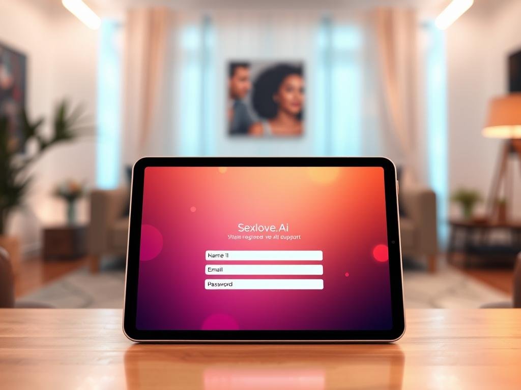 A sleek and modern digital interface showcasing the signup process for a virtual girlfriend platform, sexlove.ai. In the foreground, a tablet or smartphone with a vibrant screen displaying user-friendly registration fields such as name, email, and password. Tiered backgrounds blurred to enhance focus&mdash;middle layer featuring subtle abstract shapes symbolizing connection and AI support. The backdrop captures a tech-savvy home environment, with soft, ambient lighting creating a cozy yet futuristic atmosphere. The setting combines warm colors, suggesting user comfort and ease. The overall mood is inviting and innovative, conveying a sense of excitement about engaging with AI companionship.