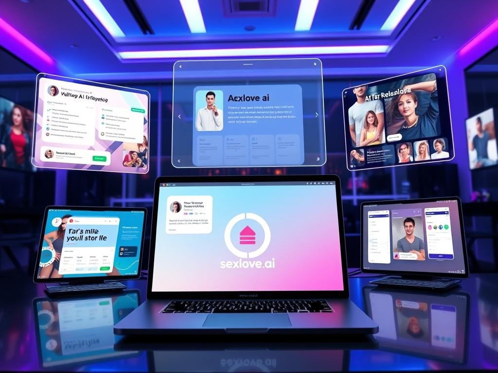 A sleek and modern digital workspace filled with virtual screens showcasing various AI girlfriend platforms. The foreground features a stylish laptop open with vibrant interfaces of the top AI girlfriend applications, including a prominent logo of "sexlove.ai". The middle layer includes holographic projections displaying user reviews, message capabilities, and dynamic features, all while emphasizing ease of use. In the background, a high-tech room ambiance with soft blue and purple lighting creates an inviting atmosphere. The angle captures a slight bird's-eye view, giving a comprehensive overview of the digital landscape. The mood is futuristic and engaging, reflecting innovation in AI companionship while maintaining a professional tone.