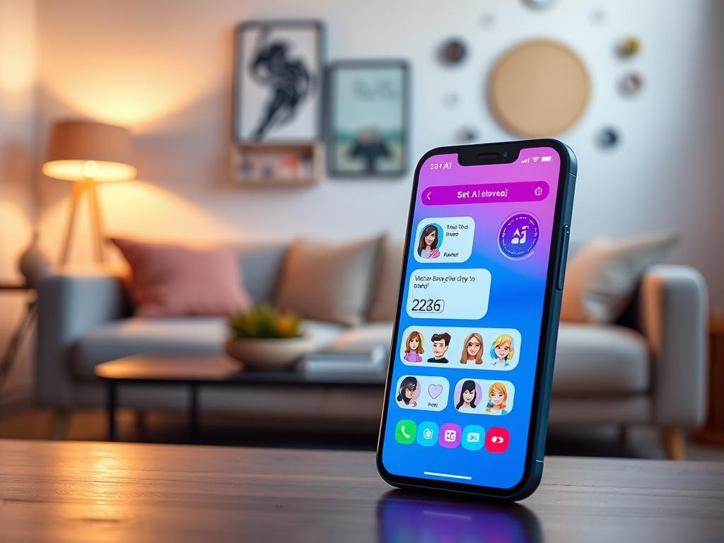 A sleek and modern smartphone displaying the interface of the "Best AI Girlfriend Chat App 2026" from sexlove.ai, positioned prominently in the foreground. The app's vibrant and user-friendly design showcases interactive chat features and engaging avatars, inviting users to explore. In the middle ground, a softly lit, cozy living space reflects a warm atmosphere, with a stylish sofa and decorative elements highlighting the comfort of home use. In the background, abstract shapes and digital elements subtly suggest advanced AI technology, enhancing the futuristic theme. The lighting is soft and inviting, creating an approachable mood, captured with a slight focus depth to emphasize the phone. The overall scene conveys innovation and intimacy in digital companionship.
