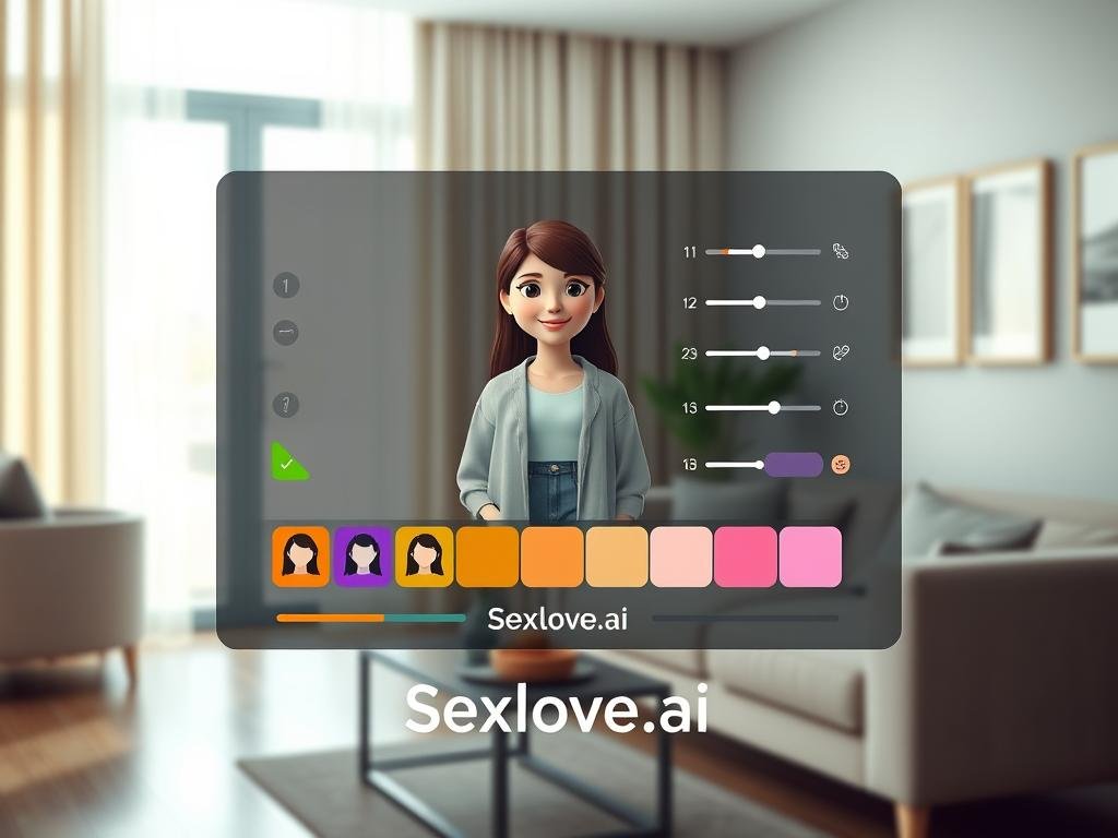 A sleek and modern user interface showcasing customizable appearance settings for an AI girlfriend video generator. In the foreground, vibrant icons and sliders represent personalization options like hair color, eye shape, and outfit styles. The middle layer features a translucent screen displaying an animated, friendly character in casual clothing, exuding a warm and approachable vibe. The background presents a softly lit room with elegant furniture, enhancing a cozy atmosphere. Natural light streams through a window, creating a soft glow that highlights the technology's sophistication. The overall mood is inviting and innovative, emphasizing the theme of personalized digital companionship. The brand name "Sexlove.ai" appears subtly within the interface design, ensuring product recognition without overpowering the visual.