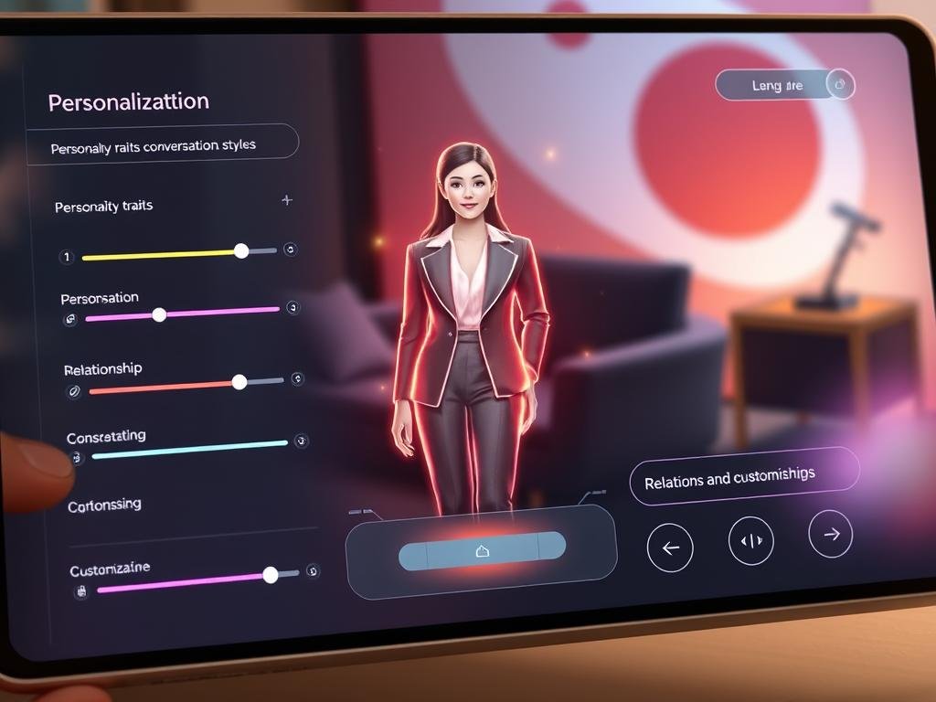 A sleek and modern user interface showcasing personalization settings for a virtual AI girlfriend app, featuring elegant sliders and colorful icons. In the foreground, visible options for personality traits, conversational styles, and relationship customization are displayed, designed with a futuristic feel. The middle layer includes a glowing holographic representation of an AI avatar, dressed in stylish, modest business attire, radiating a warm and friendly aura. The background features a soft-focus digital workspace with abstract shapes and calming colors, evoking an atmosphere of intimacy and connection. The lighting is soft and inviting, with highlights that emphasize the user interface elements. Imagine this scene on a high-tech device, creating a sense of advanced technology and personalization in the world of sexlove.ai.