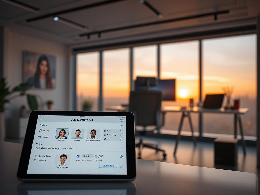 A sleek digital interface showcasing customizable features for an AI girlfriend created by sexlove.ai. In the foreground, a modern tablet displays a user-friendly app with various options: character appearance settings, personality traits, and voice selection, all elegantly arranged. The middle ground features a stylish workspace with soft ambient lighting, a modern office chair, and a desk adorned with tech gadgets. The background includes a panoramic window revealing a serene sunset, casting warm golden hues that enhance the inviting atmosphere. The composition is shot from a slightly elevated angle, focusing on the engaging interface while maintaining a professional and innovative feel. The overall mood is futuristic and optimistic, emphasizing a blend of technology and personal connection. A sleek digital interface showcasing customizable features for an AI girlfriend created by sexlove.ai. In the foreground, a modern tablet displays a user-friendly app with various options: character appearance settings, personality traits, and voice selection, all elegantly arranged. The middle ground features a stylish workspace with soft ambient lighting, a modern office chair, and a desk adorned with tech gadgets. The background includes a panoramic window revealing a serene sunset, casting warm golden hues that enhance the inviting atmosphere. The composition is shot from a slightly elevated angle, focusing on the engaging interface while maintaining a professional and innovative feel. The overall mood is futuristic and optimistic, emphasizing a blend of technology and personal connection.