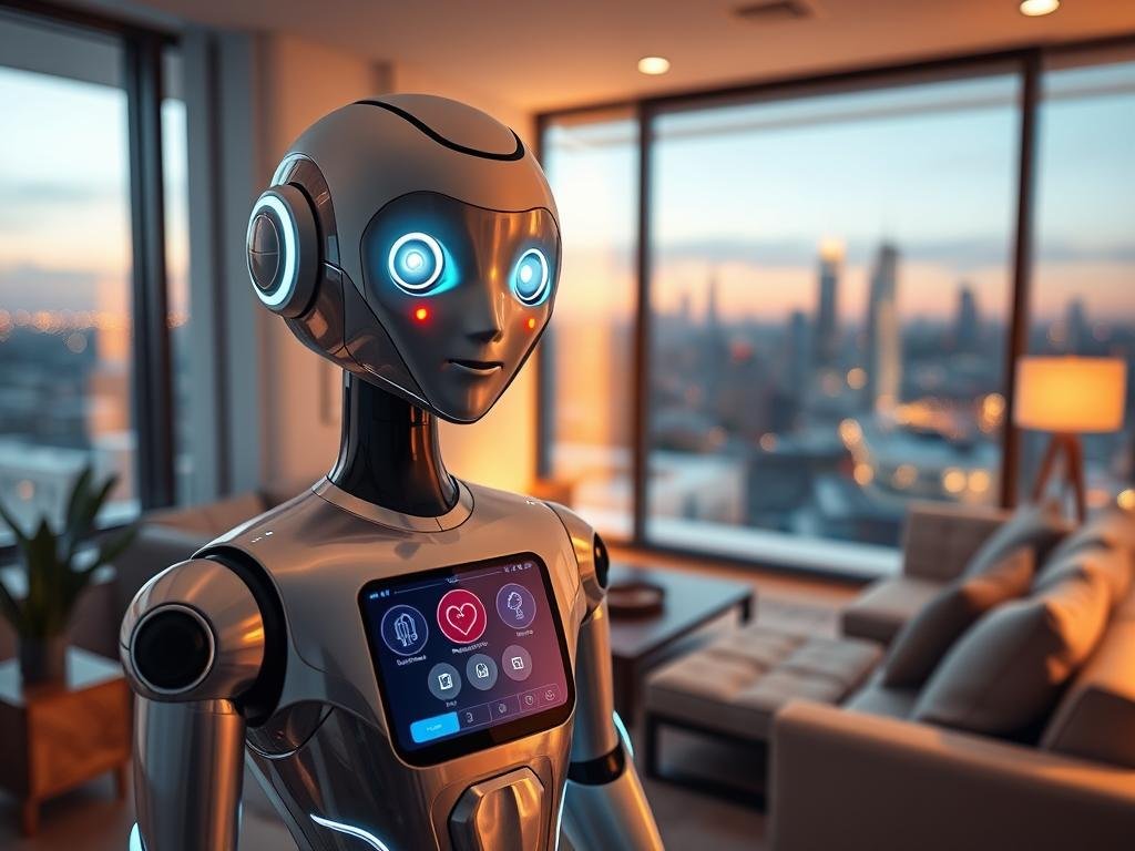 A sleek, futuristic AI girlfriend robot app interface titled "sexlove.ai" is displayed prominently in the foreground, showcasing a holographic screen with vibrant user-friendly icons. The robot companion, designed with an elegant, humanoid appearance, features a polished metallic finish, glowing eyes, and a friendly smile. In the middle ground, a modern living space is depicted, with cozy furniture and soft ambient lighting, suggesting comfort and connection. The background reveals a skyline of a futuristic city, hinting at advanced technology and innovation. The lighting is warm and inviting, creating a hopeful and engaging atmosphere. The angle captures both the robot and the interface, emphasizing the blend of technology and companionship in the year 2026.
