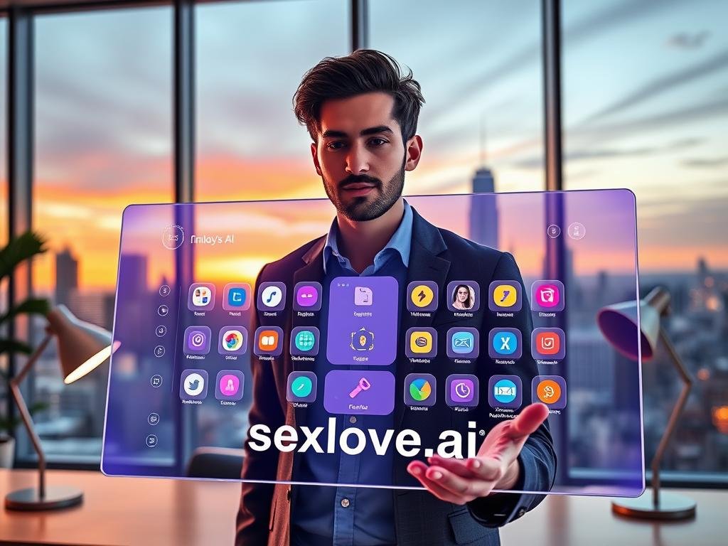 A sleek, futuristic interface of the Candy AI Platform is displayed on a high-resolution touchscreen in a modern workspace. In the foreground, a user, dressed in smart casual attire, interacts with the platform, an expression of curiosity and engagement on their face. The middle layer showcases the vivid, colorful icons and features of the Candy AI app, arranged in an intuitive layout. Behind, large windows reveal a bustling cityscape, illuminated by the warm glow of sunset, creating a dynamic atmosphere. Soft ambient lighting from stylish desk lamps enhances the room's modern aesthetic. The overall mood is one of innovation and excitement in technology. The brand name "sexlove.ai" subtly integrated into the interface design captures the essence of the platform.