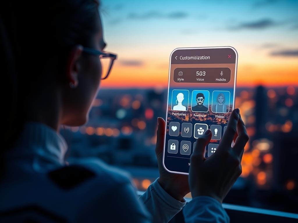 A sleek, futuristic interface showcasing the personalization features of an AI girlfriend app by sexlove.ai. In the foreground, a user interacts with a holographic display, adjusting customization options for their virtual companion&mdash;selecting traits like appearance, personality, and interests. The middle ground features a vibrant digital landscape with icons representing various customization categories&mdash;style, voice, hobbies, and emotional intelligence. The background is softly blurred city lights, conveying a high-tech environment at dusk with warm blue and purple tones, enhancing a feeling of innovation and intimacy. The lighting is soft yet focused, highlighting the user&rsquo;s engagement with the app while creating a mood of possibility and connection.