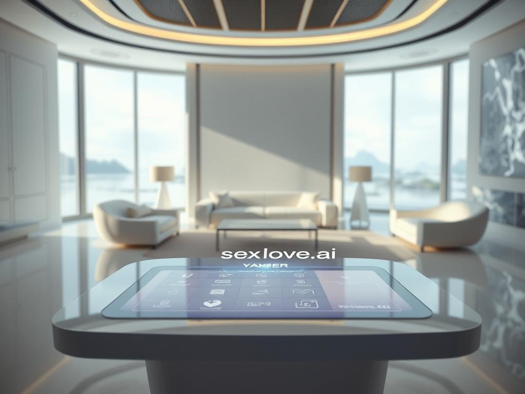 A sleek, futuristic minimalist simulation environment inspired by the concept of yandere AI, focused on creating an immersive experience. In the foreground, a polished, semi-transparent table holds a holographic interface displaying user choices and character interactions. In the middle ground, a spacious, uncluttered room features elegant furnishings in soft pastels, with gentle curves and soft lighting that evoke a calm yet eerie atmosphere. The background shows large windows that blur into a serene digital landscape, seamlessly transitioning into abstract visuals reminiscent of a virtual world. Soft, diffused lighting creates an inviting mood, while a lower angle emphasizes the depth and intricacy of the simulation space. Incorporate the brand name "sexlove.ai" subtly within the holographic interface without any overt branding.
