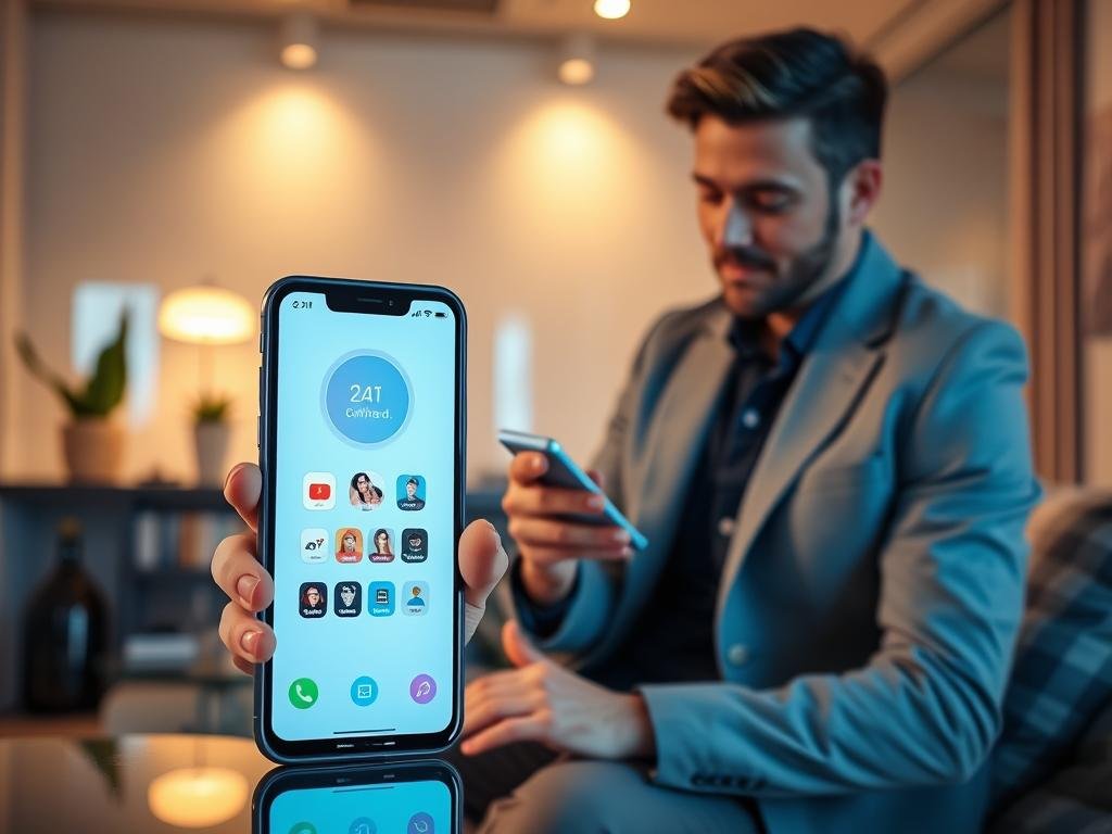 A sleek, futuristic smartphone displayed prominently in the foreground, showcasing the interface of the AI girlfriend app "sexlove.ai." The app features an elegant, user-friendly design with vibrant colors and smooth animations. In the middle ground, a well-dressed young professional engages with the app, wearing smart casual clothing, showcasing a sense of excitement and curiosity. The background features a modern, tech-savvy living space illuminated by soft ambient lighting, enhancing the inviting atmosphere. The scene is captured from a slightly elevated angle, creating depth and focus on the phone and user interaction. The mood conveys a blend of innovation, companionship, and excitement about the future of technology and relationships in 2026.