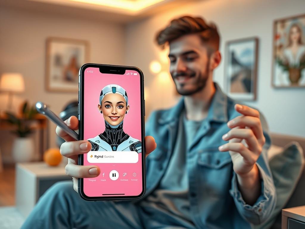 A sleek, futuristic smartphone displaying the interface of "sexlove.ai", an AI robot girlfriend app, in 2026. In the foreground, a modern, Gen Z male user, casually dressed in stylish, comfortable attire, interacts with the app, showing a look of intrigue and engagement. In the middle, the app interface showcases a friendly AI avatar, blending humanoid features with a robotic touch, exuding warmth and approachability. The background features a trendy, cozy living room with contemporary decor and soft ambient lighting, enhancing the atmosphere of comfort and technology. The scene is captured from a slightly elevated angle, creating depth and focusing on the interaction between the user and the app, illustrating the theme of digital companionship in a vibrant, optimistic mood.