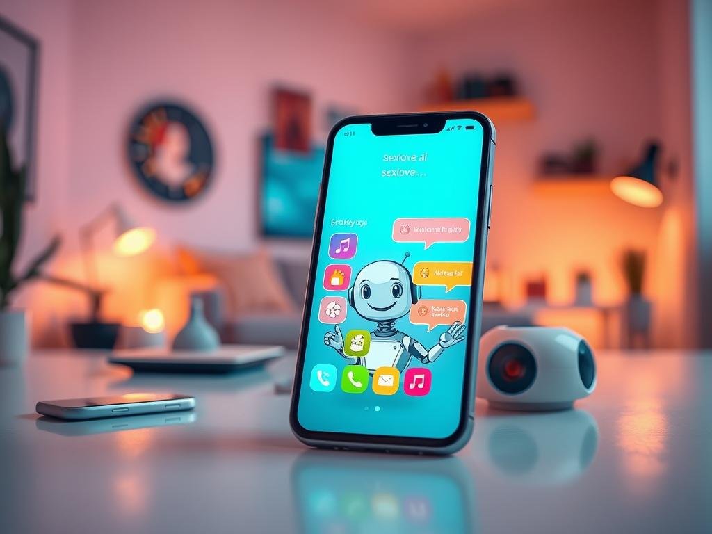 A sleek, futuristic smartphone displaying the interface of the "sexlove.ai" app, showcasing its features with vibrant icons and an engaging chat interface. In the foreground, a friendly, animated AI character, depicted as a digital assistant with a warm smile, interacts playfully with colorful chat bubbles. The middle ground includes soft-focus elements like various technological devices and user-friendly design aspects that emphasize accessibility. The background features a modern, cozy workspace with warm lighting, hinting at an inviting atmosphere for users. The overall mood is innovative and hopeful, reflecting a bright future for AI companionship apps. Capture the scene with a balanced composition and a slightly elevated angle for a dynamic perspective.