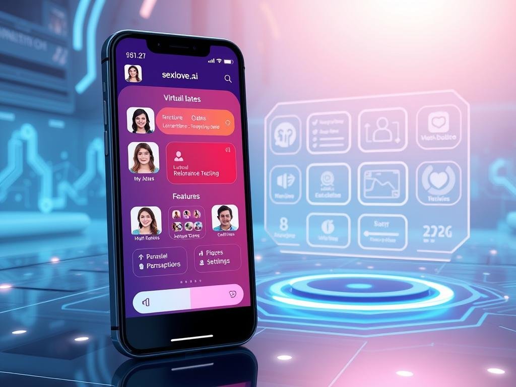 A sleek interface showcasing the "sexlove.ai" app, set against a futuristic digital landscape. In the foreground, an elegant smartphone displays vibrant screen features such as customizable avatars, interactive chat options, and emotional response tracking. In the middle ground, soft holographic visuals exhibit various functionalities like virtual dates, relationship advice modules, and personality settings. The background features a modern, minimalist tech environment with glowing circuits and soft blue lighting, creating a serene yet advanced atmosphere. The scene captures a sense of innovation in love simulation technology, encouraging a feeling of connection and companionship. The mood is optimistic and engaging, perfect for illustrating the groundbreaking features of AI relationship apps designed for 2026.