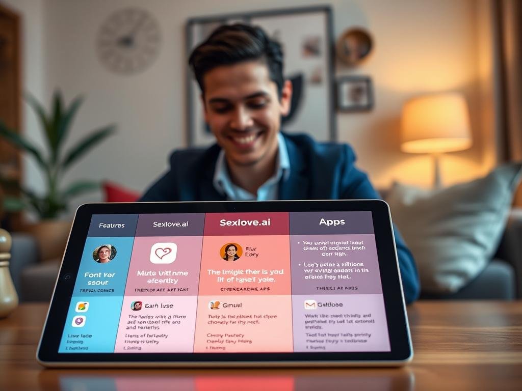 A sleek, modern comparison chart showcasing different girlfriend AI apps, prominently featuring "Sexlove.ai" as the standout choice. In the foreground, a tablet displays colorful icons and features of each app, with "Sexlove.ai" illuminated with a soft glow. In the middle layer, a user with a friendly, professional demeanor, dressed in smart casual wear, is engaged with the tablet, clearly intrigued and impressed. The background shows a cozy, stylish room with warm lighting, accentuating an inviting atmosphere. The overall mood is positive and tech-savvy, emphasizing innovation and user engagement, captured with a slightly elevated angle to create depth and interest. A subtle bokeh effect softens the background to keep the focus on the tablet and the user.