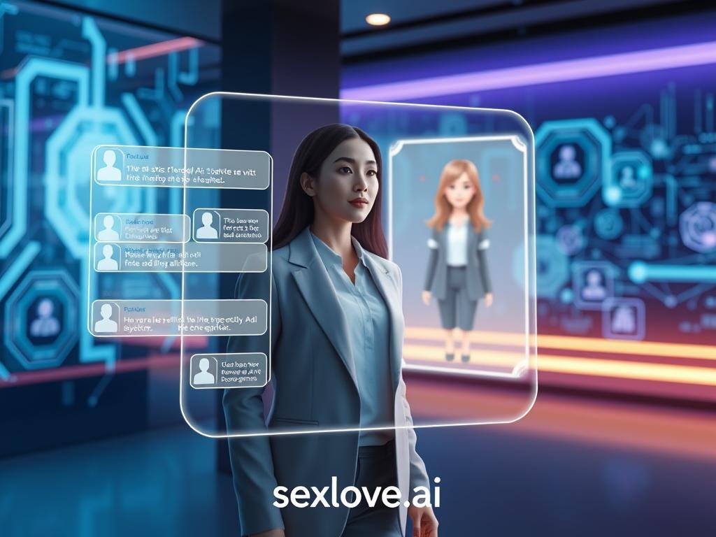 A sleek, modern digital environment showcasing the key elements of an AI chatting girlfriend solution. In the foreground, a glowing holographic interface displaying chat interactions, with icons representing personality features, conversational skills, and emotional responses. In the middle, a dynamic virtual avatar designed in a friendly and approachable manner, dressed in professional attire to represent a friendly AI companion. The background features a tech-inspired space with data streams, abstract representations of AI algorithms, and calming blue and purple hues for a futuristic atmosphere. Soft, ambient lighting highlights the interface and avatar, creating an inviting mood. Overall, the image embodies innovation and connection, while subtly branding "sexlove.ai" within the design elements. A sleek, modern digital environment showcasing the key elements of an AI chatting girlfriend solution. In the foreground, a glowing holographic interface displaying chat interactions, with icons representing personality features, conversational skills, and emotional responses. In the middle, a dynamic virtual avatar designed in a friendly and approachable manner, dressed in professional attire to represent a friendly AI companion. The background features a tech-inspired space with data streams, abstract representations of AI algorithms, and calming blue and purple hues for a futuristic atmosphere. Soft, ambient lighting highlights the interface and avatar, creating an inviting mood. Overall, the image embodies innovation and connection, while subtly branding "sexlove.ai" within the design elements.
