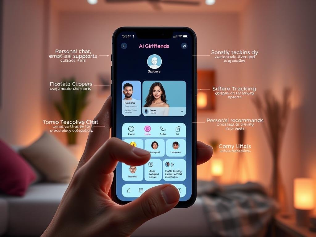A sleek, modern digital interface displayed on a futuristic smartphone, showcasing the core features of the AI Girlfriend app "sexlove.ai." In the foreground, a hand is gently interacting with the screen, demonstrating key functionalities like personal chat, emotional support, and customizable avatars. The middle layer features a split-screen view, illustrating various app features such as voice interaction, mood tracking, and personalized recommendations. In the background, a softly lit room with ambient lighting and subtle tech-themed decor enhances the futuristic ambiance. The mood is inviting and intimate, emphasizing a blend of advanced technology and emotional connection. The overall composition should convey innovation and accessibility in a professional and polished manner.