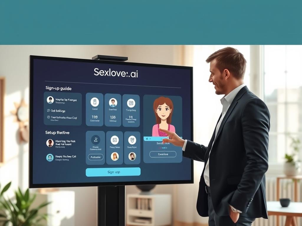 A sleek, modern digital interface featuring a user-friendly sign-up process for "sexlove.ai," an AI girlfriend chatting app. In the foreground, a person, dressed in smart casual attire, is interacting with a large touchscreen displaying an interactive setup guide and customizable options. The middle layer includes icons and features of the app, such as personalized chat settings and a friendly AI character illustration, emanating warmth and approachability. The background is a soft-focus home office environment with natural light streaming through a window, creating an inviting and approachable atmosphere. The overall mood is friendly and inviting, emphasizing ease of use and personalization in a tech-savvy world.