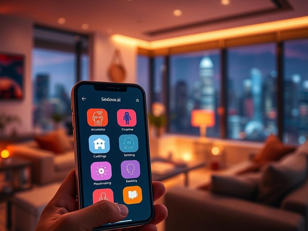 A sleek, modern digital interface showcasing the exclusive features of the app "sexlove.ai." In the foreground, a user-friendly smartphone displays vibrant icons representing various features: AI conversation, virtual companionship, personalized settings, and mood-enhancing environments, all glowing softly. In the middle ground, subtle hints of a cozy living space with soft lighting highlight the app's accessibility and comfort. The background features a blurred skyline of a futuristic city, enhancing the app's innovative appeal. The atmosphere is warm and inviting, suggesting a seamless integration of technology into daily life. The lighting is soft and ambient, enhancing a sense of tranquility while using the app. Emphasize a sense of connection and intimacy through the visual elements. A sleek, modern digital interface showcasing the exclusive features of the app "sexlove.ai." In the foreground, a user-friendly smartphone displays vibrant icons representing various features: AI conversation, virtual companionship, personalized settings, and mood-enhancing environments, all glowing softly. In the middle ground, subtle hints of a cozy living space with soft lighting highlight the app's accessibility and comfort. The background features a blurred skyline of a futuristic city, enhancing the app's innovative appeal. The atmosphere is warm and inviting, suggesting a seamless integration of technology into daily life. The lighting is soft and ambient, enhancing a sense of tranquility while using the app. Emphasize a sense of connection and intimacy through the visual elements.