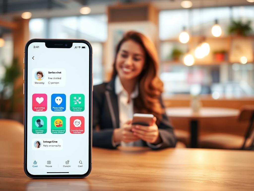 A sleek, modern digital interface showcasing the features of the "sexlove.ai" AI girlfriend app. In the foreground, display a smartphone screen with vibrant icons representing features like free unlimited chat, emotional support, personalized conversations, and interactive virtual companionship. The middle layer shows a stylized user engaging with the app, dressed in professional casual attire, looking intrigued and happy. The background depicts a serene virtual environment, reminiscent of a cozy café, with soft lighting creating an inviting atmosphere. Use a shallow depth of field to focus on the smartphone while softly blurring the background. The mood conveys a sense of comfort, technology, and companionship, reflecting the innovative essence of AI in personal relationships. A sleek, modern digital interface showcasing the features of the "sexlove.ai" AI girlfriend app. In the foreground, display a smartphone screen with vibrant icons representing features like free unlimited chat, emotional support, personalized conversations, and interactive virtual companionship. The middle layer shows a stylized user engaging with the app, dressed in professional casual attire, looking intrigued and happy. The background depicts a serene virtual environment, reminiscent of a cozy café, with soft lighting creating an inviting atmosphere. Use a shallow depth of field to focus on the smartphone while softly blurring the background. The mood conveys a sense of comfort, technology, and companionship, reflecting the innovative essence of AI in personal relationships.