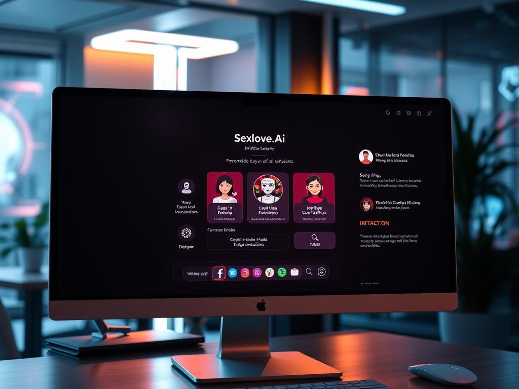 A sleek, modern digital interface showcasing the features of the "sexlove.ai" platform. In the foreground, a clean desktop computer monitor displays intuitive chat features with elegant icons representing various functionalities like personalized AI interactions, mood settings, and user-friendly navigation. The middle layer features designer elements such as animated avatars and interactive buttons, highlighting the platform&rsquo;s engaging experience. In the background, a softly lit futuristic workspace is visible, with abstract tech visuals suggesting connectivity and innovation. The atmosphere is warm and inviting, with a focus on a productive and enjoyable online interaction. The lighting is soft yet vibrant, accentuating the technological sophistication of the platform.