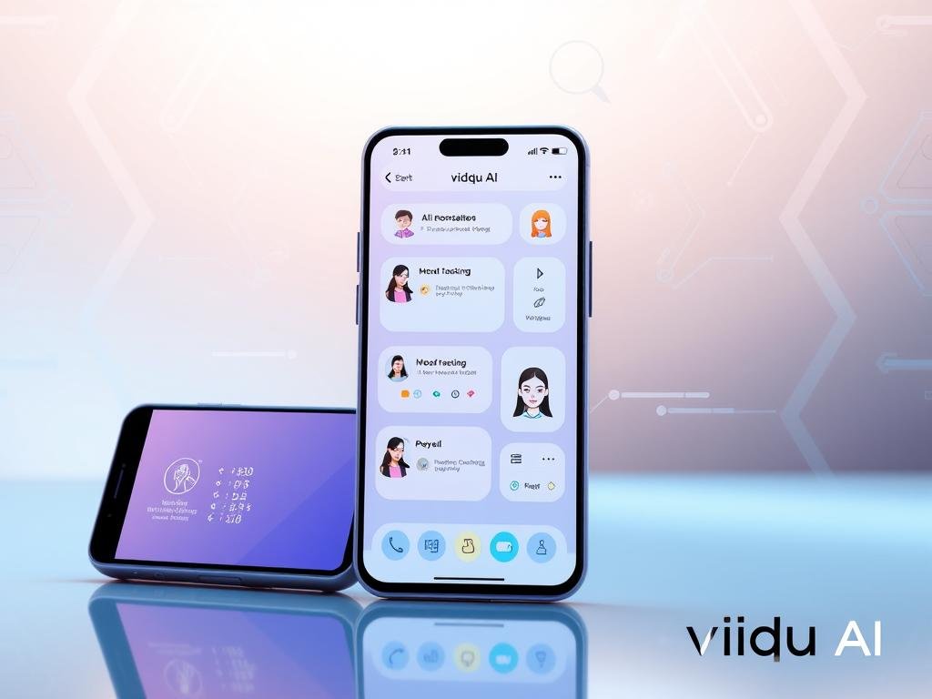 A sleek, modern digital interface showcasing the key features of the "vidqu AI" girlfriend application, highlighting functionalities like personalized conversation, mood tracking, and companion interactions. In the foreground, a futuristic smartphone displays an intuitive app layout with engaging icons and vibrant colors. The middle ground features stylish graphical elements like arrows and infographics that illustrate user engagement and feedback, emphasizing the app&rsquo;s interactivity. The background consists of a soft, gradient backdrop with abstract tech patterns that evoke a sophisticated atmosphere. Use bright, well-balanced lighting to enhance the visuals, with a soft-focus lens effect to create depth. The mood should be innovative and inviting, conveying a sense of connection and advanced technology, without any text or watermarks present. Include branding for "vidqu AI" subtly integrated into the design elements, ensuring a professional aesthetic suitable for an article on advancements in AI