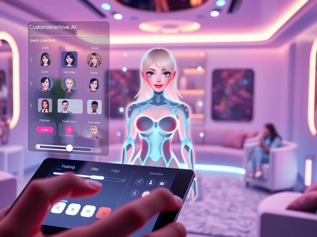 A sleek, modern digital interface showcasing various customization and personalization options for AI characters, specifically focusing on the "sexlove.ai" app. In the foreground, a user-friendly touchscreen panel displays sliders and icons for adjusting character features, such as hair color, outfits, and personality traits. The middle ground features a holographic AI girlfriend character, exuding friendliness and charm, with a futuristic design and customizable outfits. The background illustrates an immersive high-tech environment with soft ambient lighting, creating a cozy yet advanced atmosphere. The scene captures the excitement and endless possibilities of personalizing AI companions. Use a warm color palette and ensure the image conveys a sense of innovation and engagement.