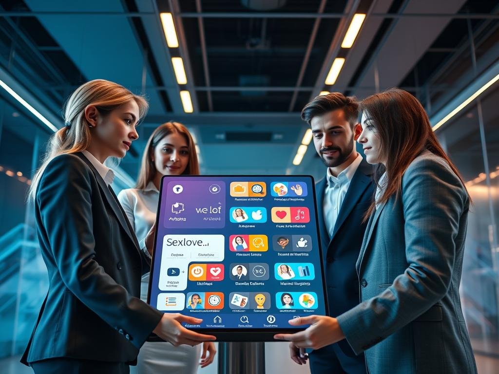 A sleek, modern digital workspace showcasing the interface of a futuristic app called &ldquo;sexlove.ai.&rdquo; In the foreground, a diverse group of well-dressed individuals - a mixed-gender team of developers, women and men in professional business attire, collaborating over a large touchscreen displaying the app&rsquo;s features. The middle layer highlights a vibrant, user-friendly interface with colorful icons and an engaging layout that invites interaction. In the background, an abstract, tech-inspired environment with soft, ambient lighting adding to a warm, inviting atmosphere. The angle captures both the teamwork involved and the innovative design of the app, reflecting a sense of excitement and discovery in navigating the world of virtual AI companionship.