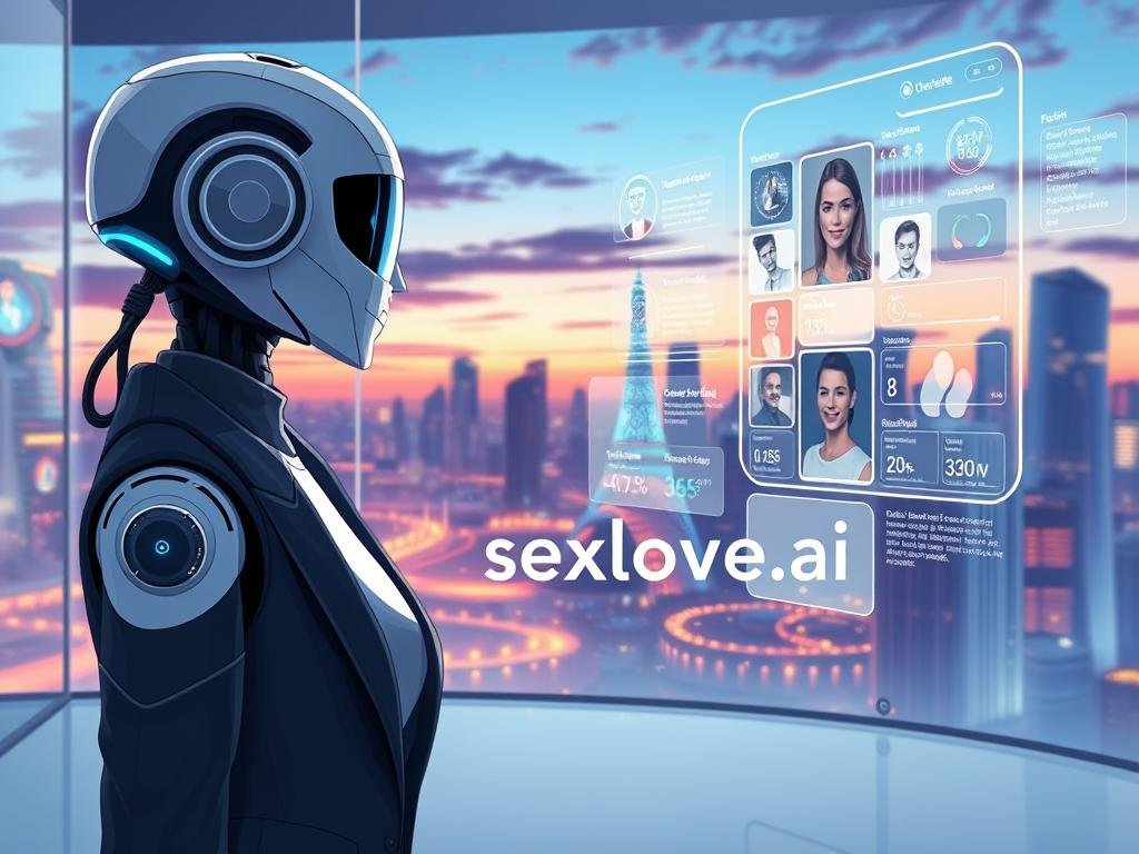 A sleek, modern illustration showcasing "AI Girlfriend Technology" in an engaging and futuristic setting. In the foreground, a stylish robot with humanoid features, wearing chic, professional attire, interacts with a user through a digital interface displaying virtual enhancements and profile images. The middle ground reveals a vibrant workspace filled with holographic screens showcasing data analysis, user feedback, and interactive simulations. In the background, a futuristic city skyline under a twilight sky, illuminated by colorful lights. Soft, ambient lighting enhances the technological vibe, while a focus on clarity captures intricate details of the AI systems, emphasizing the blend of humanity and technology. The atmosphere is innovative and inviting, conveying a sense of possibility and connection. Incorporate the brand name "sexlove.ai" subtly within the digital interface elements, ensuring a seamless integration into the scene. A sleek, modern illustration showcasing "AI Girlfriend Technology" in an engaging and futuristic setting. In the foreground, a stylish robot with humanoid features, wearing chic, professional attire, interacts with a user through a digital interface displaying virtual enhancements and profile images. The middle ground reveals a vibrant workspace filled with holographic screens showcasing data analysis, user feedback, and interactive simulations. In the background, a futuristic city skyline under a twilight sky, illuminated by colorful lights. Soft, ambient lighting enhances the technological vibe, while a focus on clarity captures intricate details of the AI systems, emphasizing the blend of humanity and technology. The atmosphere is innovative and inviting, conveying a sense of possibility and connection. Incorporate the brand name "sexlove.ai" subtly within the digital interface elements, ensuring a seamless integration into the scene.