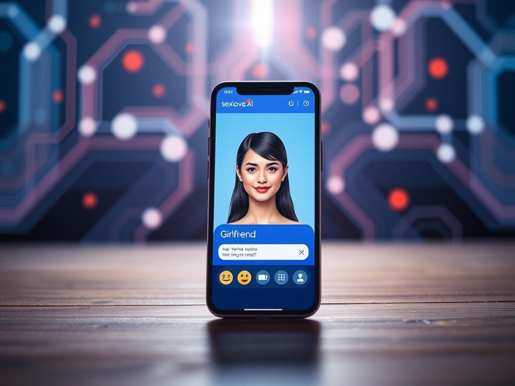 A sleek, modern mobile app interface showcasing an AI girlfriend chatting application named "sexlove.ai". In the foreground, a smartphone displaying a vibrant chat interface with an attractive, friendly virtual character designed with a futuristic aesthetic. The character should have inviting features, embodying warmth and intelligence, set against a soft blue gradient background. In the middle ground, subtle hints of emojis and interactive elements on the screen symbolizing engaging conversation. The background features an abstract blend of digital technology themes&mdash;circuit patterns and glowing lines that suggest connectivity and interaction. The lighting is soft yet bright, creating an inviting atmosphere, shot from a slightly elevated angle to emphasize the app's interface. The mood conveys excitement and a sense of connection in virtual relationships.