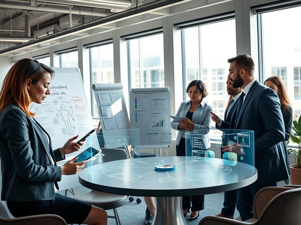 A sleek, modern office space representing the innovative atmosphere at sexlove.ai, showcasing a diverse group of professionals engaged in lively discussions around user experience strategies for an AI chatbot. In the foreground, a woman in smart business attire interacts with a futuristic tablet, while a man in a suit shares insights at a whiteboard filled with diagrams. The middle ground features a round table with brainstorming notes and holographic displays illustrating user feedback. The background is filled with large windows that let in natural light, casting soft shadows and creating an uplifting ambiance. The atmosphere is collaborative and energetic, emphasizing the commitment to enhancing user experience in the worlds of AI. The lighting is bright and inviting, highlighting the modern decor and tech elements throughout the office. A sleek, modern office space representing the innovative atmosphere at sexlove.ai, showcasing a diverse group of professionals engaged in lively discussions around user experience strategies for an AI chatbot. In the foreground, a woman in smart business attire interacts with a futuristic tablet, while a man in a suit shares insights at a whiteboard filled with diagrams. The middle ground features a round table with brainstorming notes and holographic displays illustrating user feedback. The background is filled with large windows that let in natural light, casting soft shadows and creating an uplifting ambiance. The atmosphere is collaborative and energetic, emphasizing the commitment to enhancing user experience in the worlds of AI. The lighting is bright and inviting, highlighting the modern decor and tech elements throughout the office.