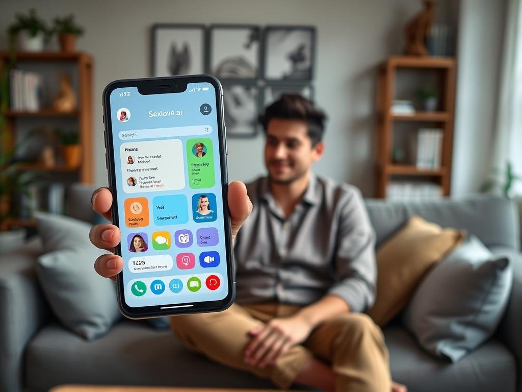 A sleek, modern smartphone is held in a hand displaying an engaging, user-friendly interface of the "Sexlove.ai" girlfriend app. In the foreground, the phone's screen shows a vibrant and colorful dashboard with icons representing various features of the app, such as chat, personality quizzes, and voice interactions. The middle ground features a person sitting comfortably on a stylish couch, casually dressed in comfortable clothing, looking intrigued and engaged with the phone. The background captures a cozy living room setting, with soft lighting that creates a warm and inviting atmosphere, accentuated by subtle decorative elements like plants and bookshelves. The overall mood is friendly, approachable, and tech-savvy, highlighting the connection between technology and companionship through AI. The image should be well-composed, with a focus on the phone and the user's expression, utilizing a soft depth of field to blur the background slightly, enhancing the sense of intimacy.