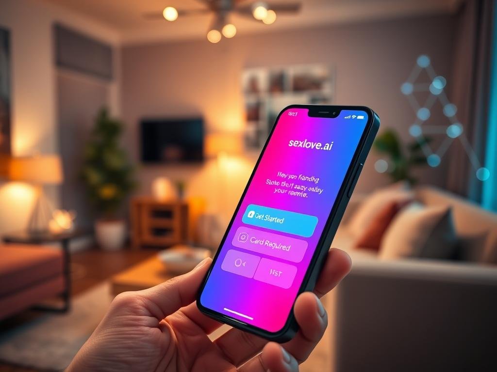 A sleek smartphone displaying an intuitive user interface for the "sexlove.ai" app, showcasing a smooth onboarding process designed for ease of use. In the foreground, the phone screen is illuminated with vibrant colors highlighting user-friendly icons and options like "Get Started" and "No Card Required". The background features a stylish, modern living space with soft lighting, creating a warm and inviting atmosphere. There are abstract digital elements subtly blended into the scene, symbolizing artificial intelligence. The overall mood is friendly and approachable, conveying innovation and simplicity in technology. Capture the scene from a slight angle to focus on the phone while hinting at the cozy setting.