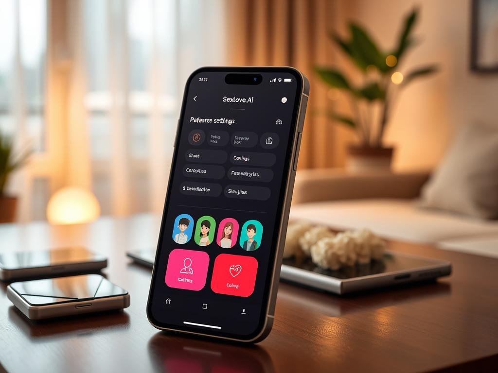 A sleek user interface design showcasing the customization options for an AI girlfriend app, "sexlove.ai". In the foreground, display a modern smartphone screen with vibrant, interactive icons representing different personalization features like appearance settings, personality traits, and conversation styles. The middle layer features a stylish, minimalistic table with smart gadgets, emphasizing technology. The background includes a softly lit, cozy room with warm lighting that creates an inviting atmosphere. Capture the mood of ensuring emotional connection and tailored interactions between users and their virtual companions. Use a wide-angle lens for depth, highlighting the smartphone at a slight angle for a dynamic perspective, while ensuring all elements harmonize to reflect innovation and personalization.