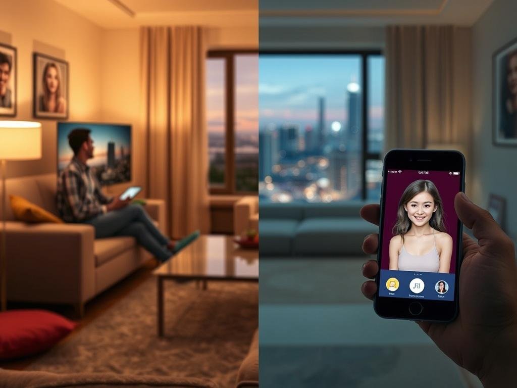 A split-scene image showcasing a comparative review of the AI girlfriend app "sexlove.ai" and the film "Companion." In the foreground, depict a sleek, modern smartphone displaying the app interface, featuring a friendly virtual companion. On the left side, illustrate a cozy living room setting with a person enjoying the movie, depicting engaging scenes from the film, with cinematic visuals hinting at companionship. The middle transitional area features an abstract representation of virtual connections, blending elements from technology and film. In the background, soft, warm lighting creates a welcoming atmosphere, while a slightly blurred cinematic backdrop represents a futuristic city. Use a wide-angle perspective to capture the contrast between technology and emotional connection. Overall, convey a thoughtful and engaging mood that emphasizes the essence of virtual companionship.