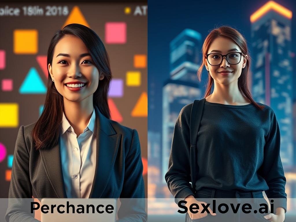 A split-screen composition showcasing the two distinct AI characters from Perchance and Sexlove.ai. On the left, the Perchance character appears as a friendly and approachable figure, dressed in professional business attire, with soft lighting highlighting her features, set against a digital backdrop of colorful abstract shapes symbolizing creativity. On the right, the Sexlove.ai character emanates a confident and modern vibe, wearing modest casual clothing, with a warm glow radiating from a sleek, futuristic cityscape background. The scene captures an engaging and lighthearted comparison atmosphere, focusing on the characters' vibrant personalities and the essence of their respective platforms. Aim for a balanced composition with a clear focus on the characters' expressions and postures, subtly conveying the unique qualities of each AI. A split-screen composition showcasing the two distinct AI characters from Perchance and Sexlove.ai. On the left, the Perchance character appears as a friendly and approachable figure, dressed in professional business attire, with soft lighting highlighting her features, set against a digital backdrop of colorful abstract shapes symbolizing creativity. On the right, the Sexlove.ai character emanates a confident and modern vibe, wearing modest casual clothing, with a warm glow radiating from a sleek, futuristic cityscape background. The scene captures an engaging and lighthearted comparison atmosphere, focusing on the characters' vibrant personalities and the essence of their respective platforms. Aim for a balanced composition with a clear focus on the characters' expressions and postures, subtly conveying the unique qualities of each AI.