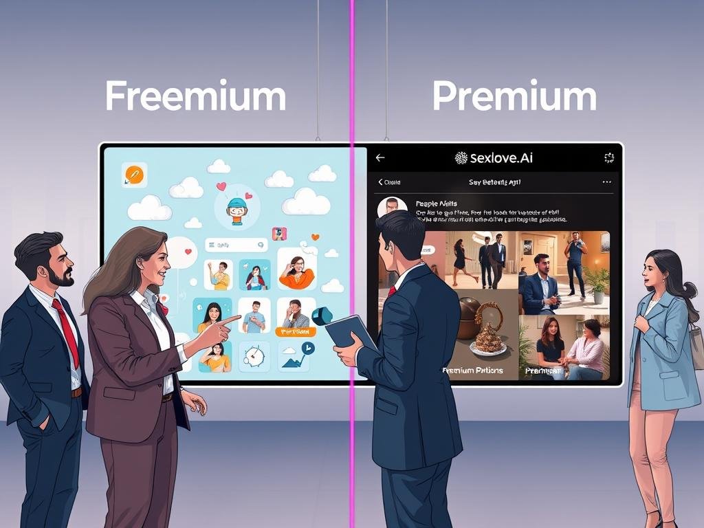 A split-screen illustration showing two contrasting pathways labeled 'Freemium' and 'Premium' in a modern digital landscape. In the foreground, a diverse group of professionals in smart-casual attire discuss strategies, pointing at a tablet displaying the interface of sexlove.ai. In the middle ground, a freemium app section features playful icons and users engaging with content amidst clouds and vibrant digital elements. The premium section displays polished visuals with a luxurious feel, highlighting attractive subscription options. The background includes abstract representations of users in various environments, symbolizing connectivity and choice, with soft, ambient lighting creating a thoughtful atmosphere. The angle is slightly elevated, giving a comprehensive view of the dichotomy. A split-screen illustration showing two contrasting pathways labeled 'Freemium' and 'Premium' in a modern digital landscape. In the foreground, a diverse group of professionals in smart-casual attire discuss strategies, pointing at a tablet displaying the interface of sexlove.ai. In the middle ground, a freemium app section features playful icons and users engaging with content amidst clouds and vibrant digital elements. The premium section displays polished visuals with a luxurious feel, highlighting attractive subscription options. The background includes abstract representations of users in various environments, symbolizing connectivity and choice, with soft, ambient lighting creating a thoughtful atmosphere. The angle is slightly elevated, giving a comprehensive view of the dichotomy.